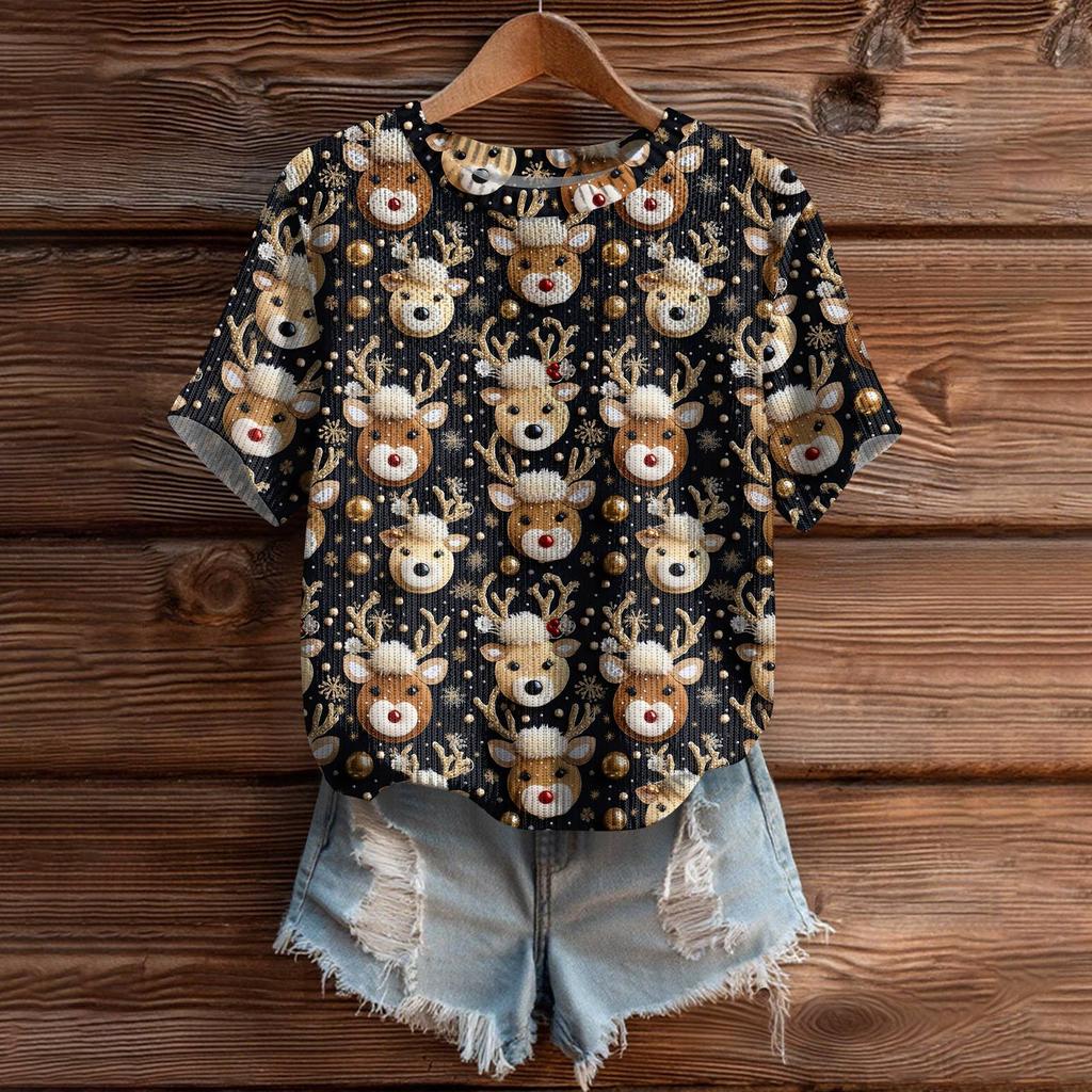 Women's Cute Sweater Knitted Fashion Casual Round-neck Short-sleeved  Cozy Print Top