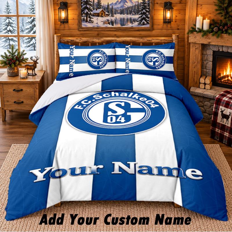 Schalke 04 FC Pattern Bedding 3Pcs Set Custom Name, Bed Sheet And Pillowcases For Home Bedroom
