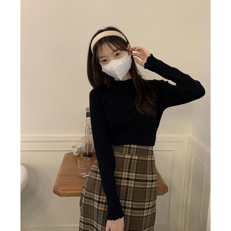 Core-spun yarn autumn lace semi-turtleneck knitted sweater autumn new sweet bottoming shirt with top