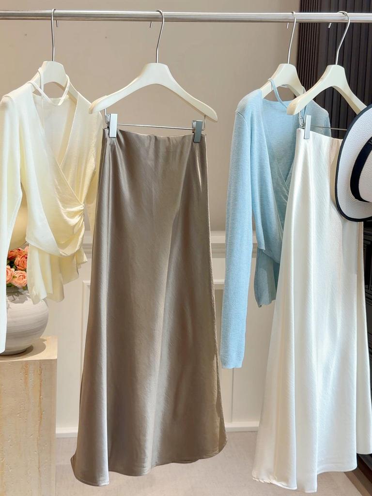 High-End Satin Mermaid Skirt for Women - Spring 2026 A-Line High Waist Slimming Drape Long Skirt