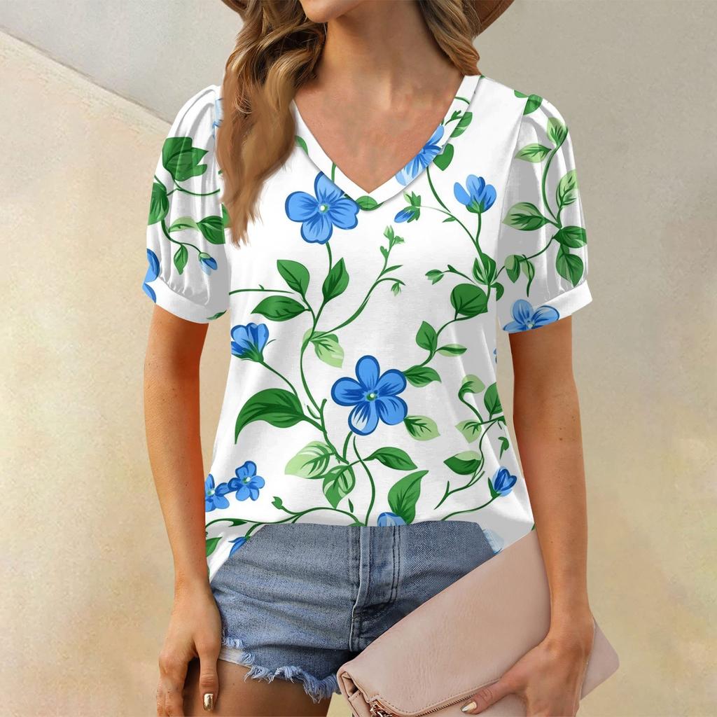 Dámská móda Květinový potisk Top Krátký balónkový rukáv Výstřih do V Volné ležérní tričko