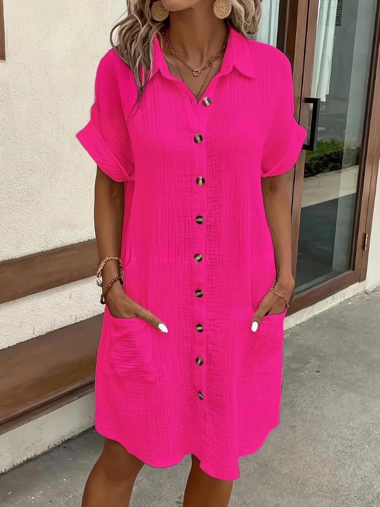 2024 Hot Seller: Summer V-Neck Button Cotton Linen Shirt Dress for Women
