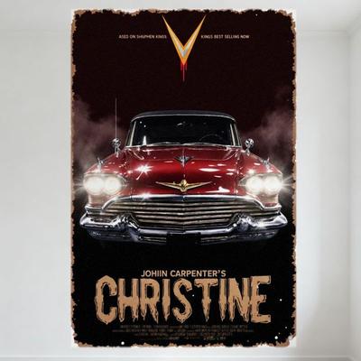 John Carpenter's Christine Segno in Latta Metallico Film Horror Vintage Anni '50 Chevrolet Auto Rossa Arte Invecchiata Decorazione da Parete per Man Cave Ca