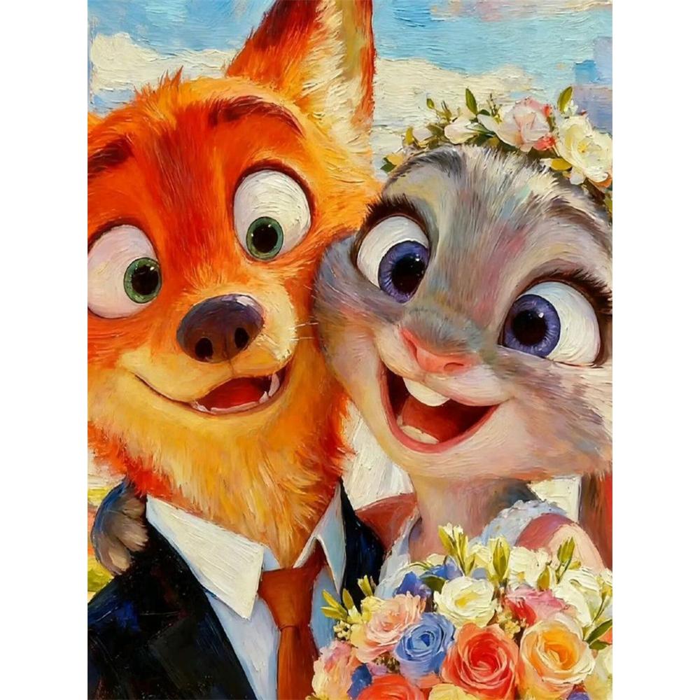 

Disney Diamond Painting Set Judy and Nicks Wedding in Oil Painting Style Fan Artwork 5D Diamond Painting Cross Stitch Mosaic Home Decor Round 20x30cm