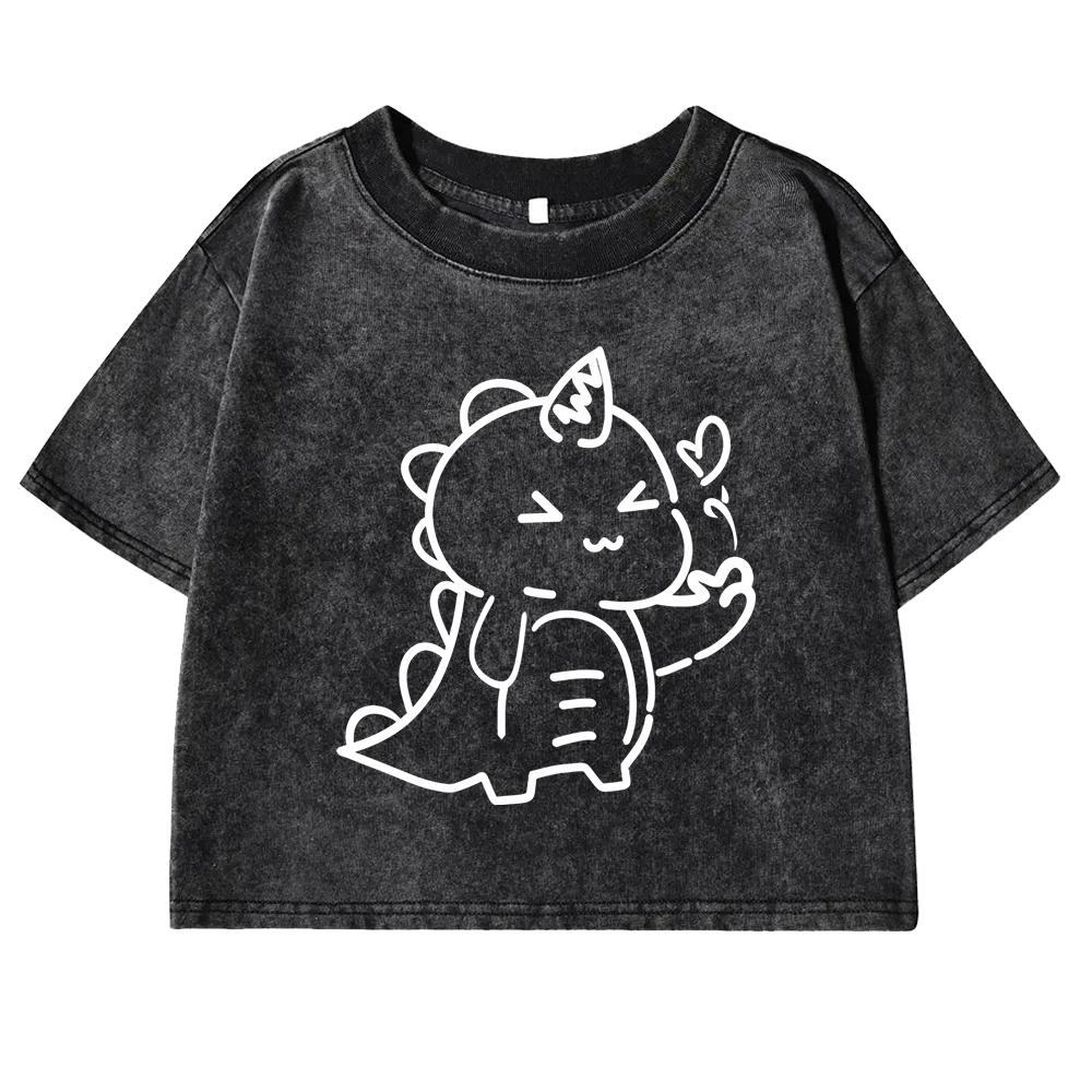 Love Dinosaur Print Retro Tee Shirt Women Casual Washed T Shirts Cotton Street Crop Tees Short Sleeve For Female