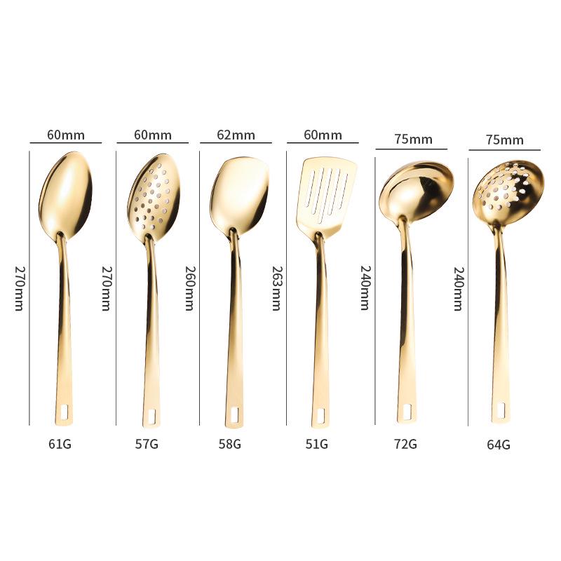 6-Piece Stainless Steel Cookware Set: Includes Wok, Spatula, Frying Pan, Ladle, Colander, Serving Spoon, and Strainer.