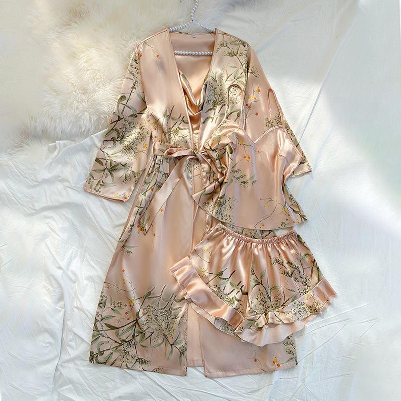 European and American style sexy V-neck ice silk suspender skirt homewear multi-piece set summer women's large-size pajamas set