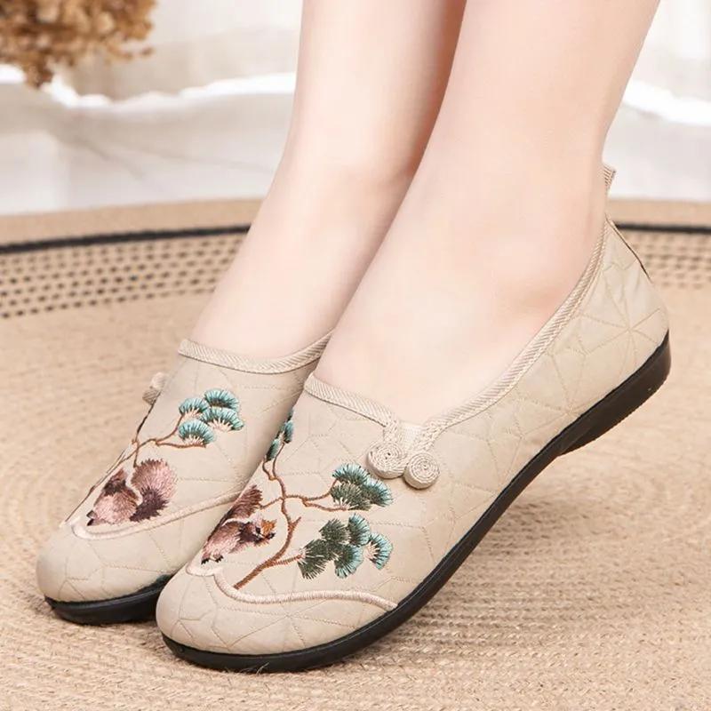 women fashion round toe beige high quality floral embroidery anti skid flat shoes lady cool comfort brown shoes ab491