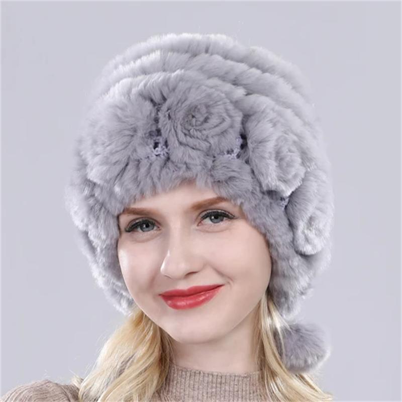 Hot Sale Winter Women Flowers Striped Natural Real Rex Rabbit Fur Hats Lady Warm Knit Genuine Fur Caps