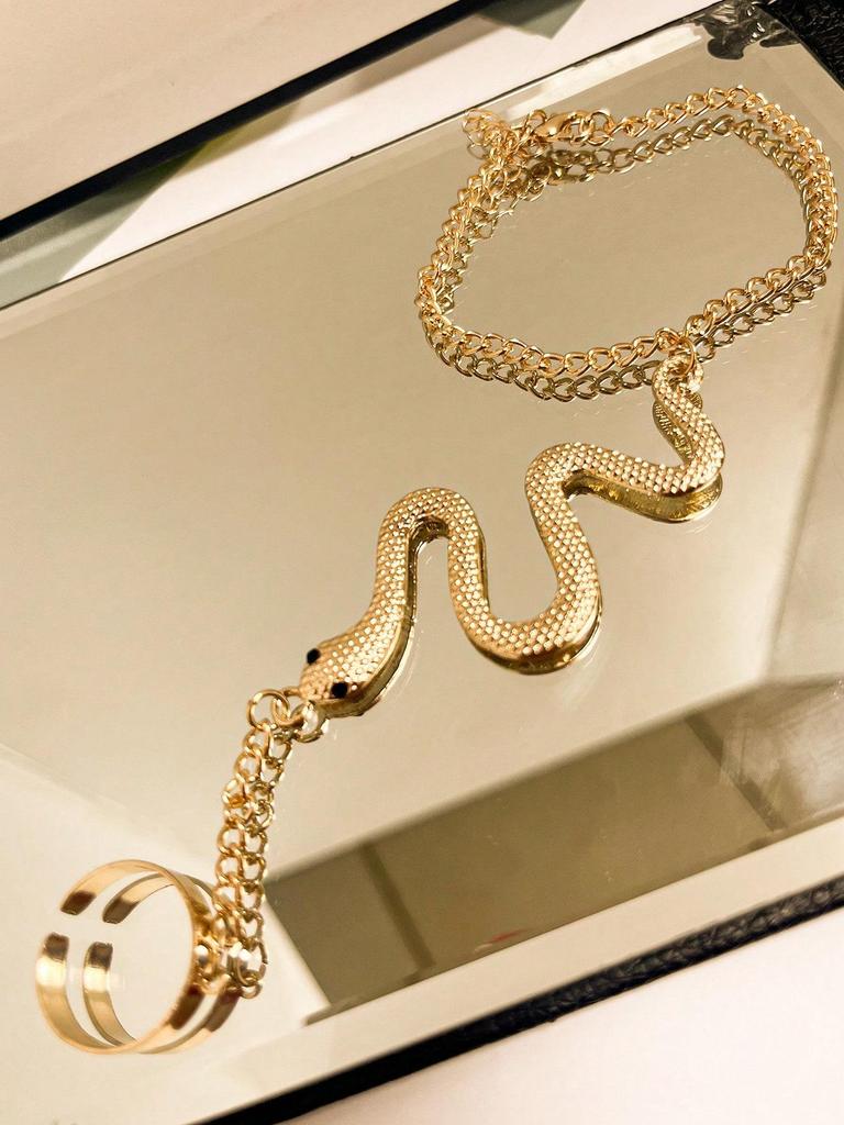 Expressive White K-Plated Snake Bracelet & Ring: 2-in-1 Punk Accessory, Ideal for Parties and Gifts