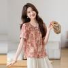 Light Floral Short-sleeved Chiffon Shirt T-shirt Women's Summer New Medium Loose and Thin Shirt Top