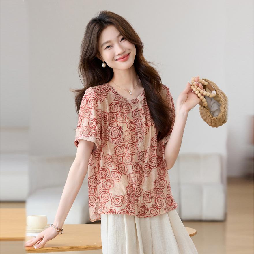 Light Floral Short-sleeved Chiffon Shirt T-shirt Women's Summer New Medium Loose and Thin Shirt Top