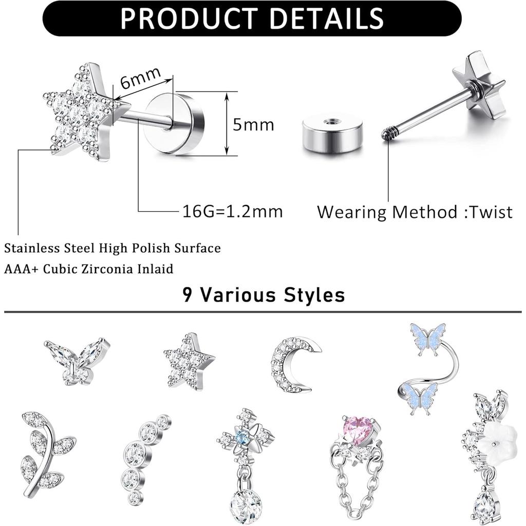 Bobisty 16G Cartilage Earrings for Women Stainless Steel Helix Piercing Jewelry Leaf Butterfly CZ Studs