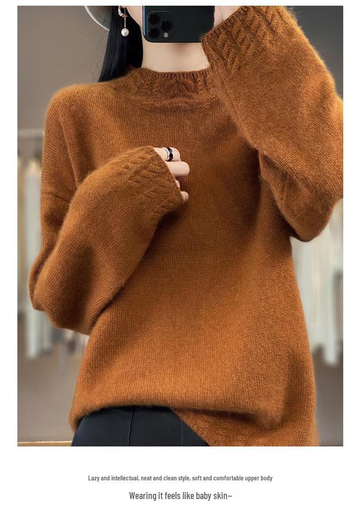 2025 Women's Korean Style Pure Wool Sweater - Half-High Collar, Warm, Loose Fit, Drop Shoulder Cashmere Knit.