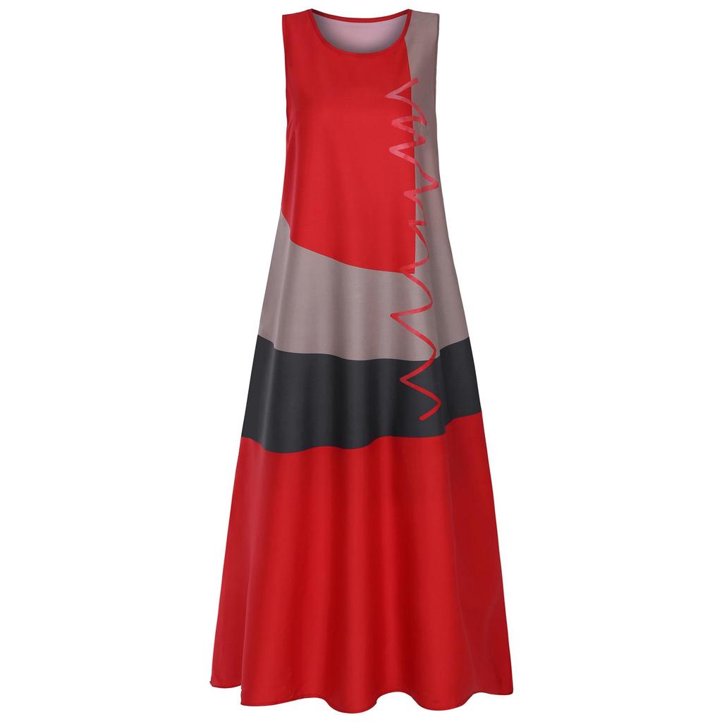 New Women's Retro V-Neck Sleeveless Printed Summer Dress with Pockets, Style 9333