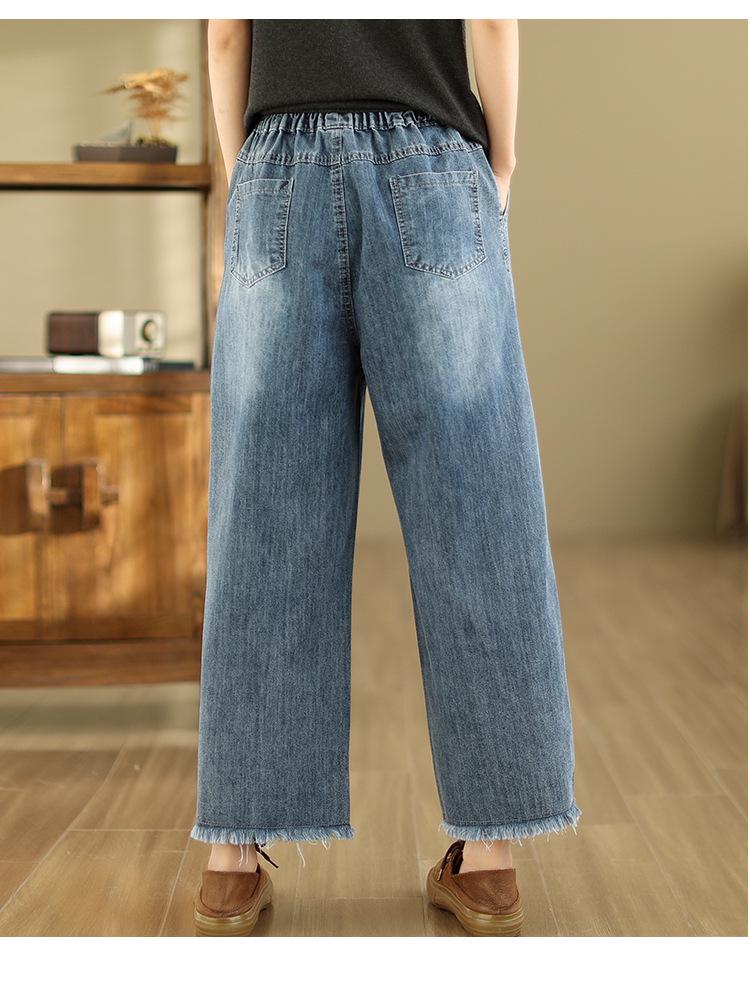 Women's High-Waist Wide-Leg Embroidered Jeans - Loose Fit, Raw Edge, Nine-Point Cotton, Plus Size, Casual Spring/Summer Pants