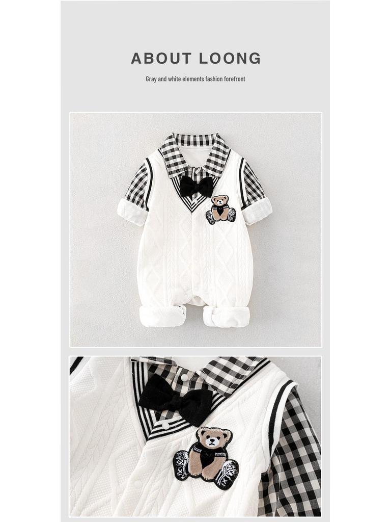 Newborn Baby Boy Gift Box: Off-White & Grey Striped Outfit - High-End Spring Festival Full Moon Collection