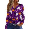 Haut T-shirt Décontracté Mode Femme Imprimé Halloween Col en V Bouton Bordure Manches Longues