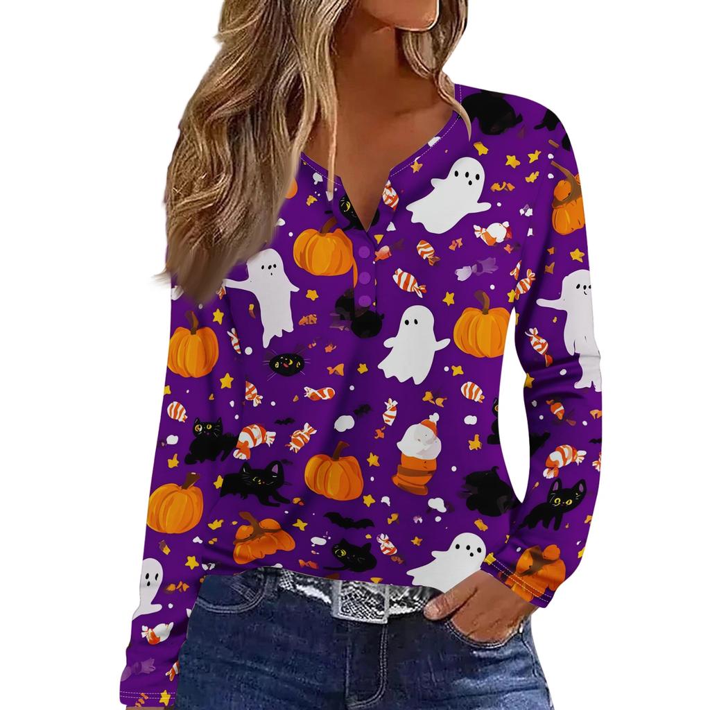 Haut T-shirt Décontracté Mode Femme Imprimé Halloween Col en V Bouton Bordure Manches Longues