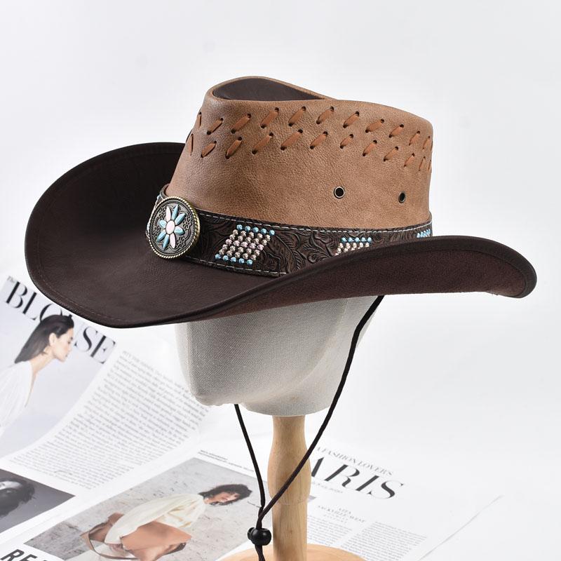 Unisex 100% Leather Western Cowboy Hat Vintage Gentleman Jazz Hats For Men Panama Cowgirl Hat