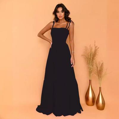 European and American Solid Color High Waist and Thin Temperament Retro Suspender Big Swing Skirt Long Dress Dress Light Luxury