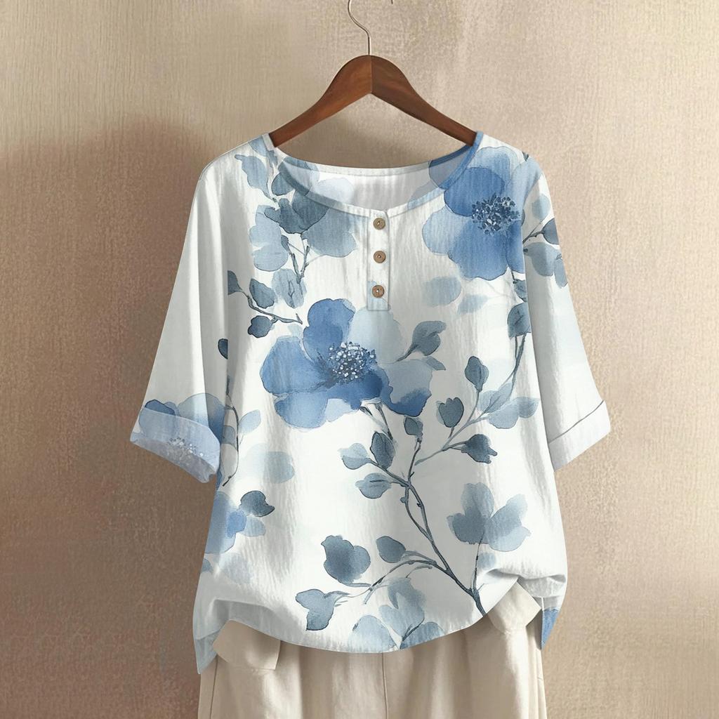 Women's Fashionable And Casual Shirt Half-sleeve Round Neck Print Cotton And Linen Blouse Top