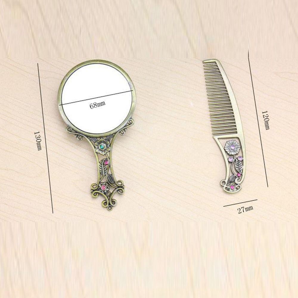 Handspiegel Vintage Make-upspiegel Legering Draagbare Retro Spiegel Kam Set met Hol Handvat Compacte Spiegel