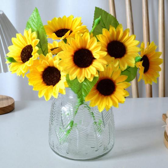 3 Heads Artificial Sunflower Bouquet Faux Silk Sunflower with Long Stem for Home Hotel DIY Craft Wedding Party Indoor Outdoor Decor
