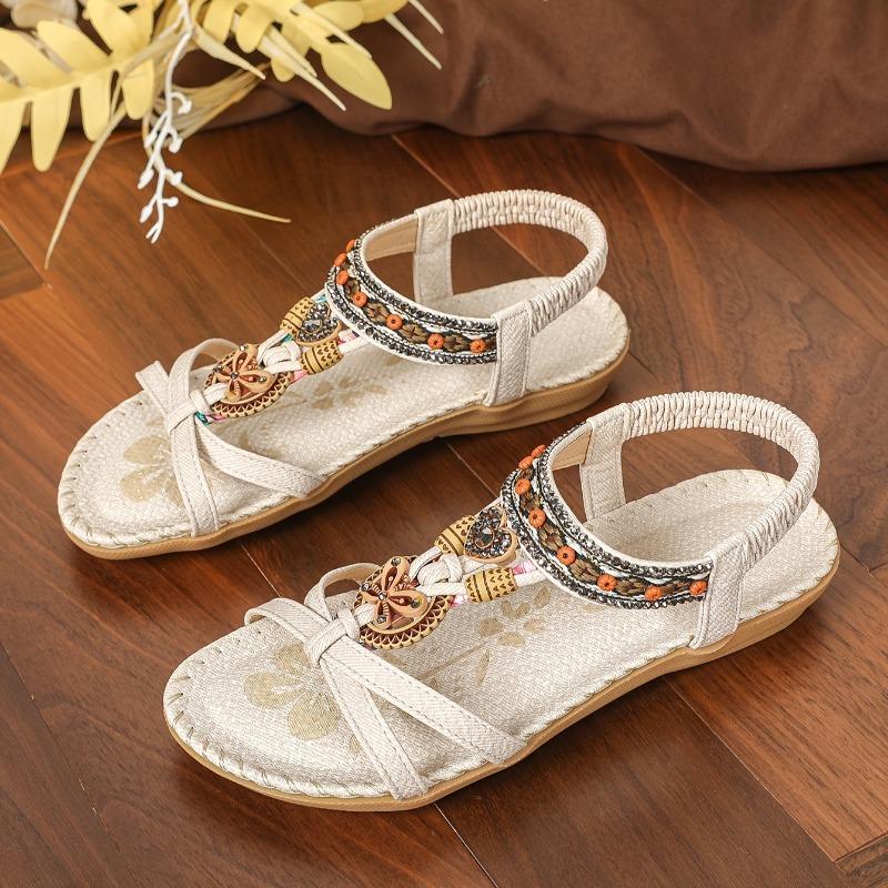 Bow, New Women's Shoes Flat-bottomed Handmade Beaded Rhinestone Sandals, Wearing Beach Little White Shoes Women