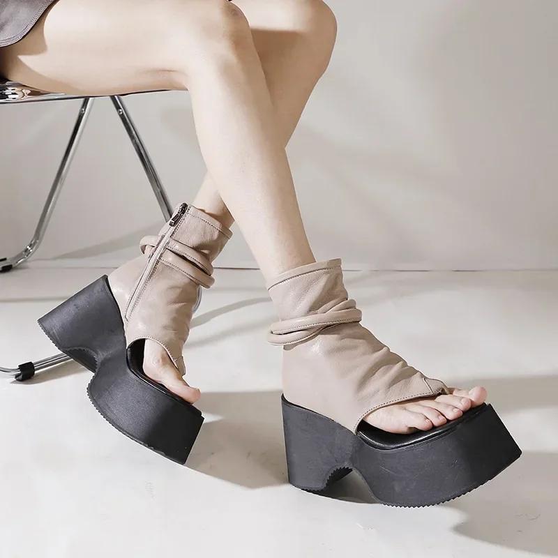 Summer New Slim Wedges Platform Flip Flops Sewing Cut Out Narrow Band Genuine Leather Women Ankle Short Gladiator Boots