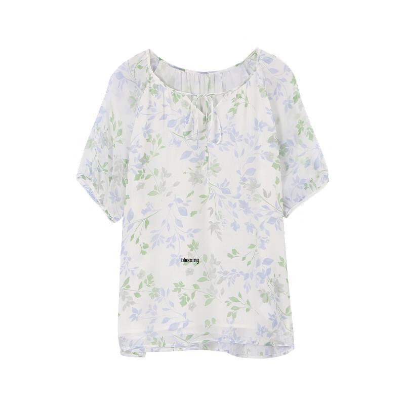 SOFSIL 2026 Summer Mulberry Silk V-Neck Print Short Sleeve Shirt