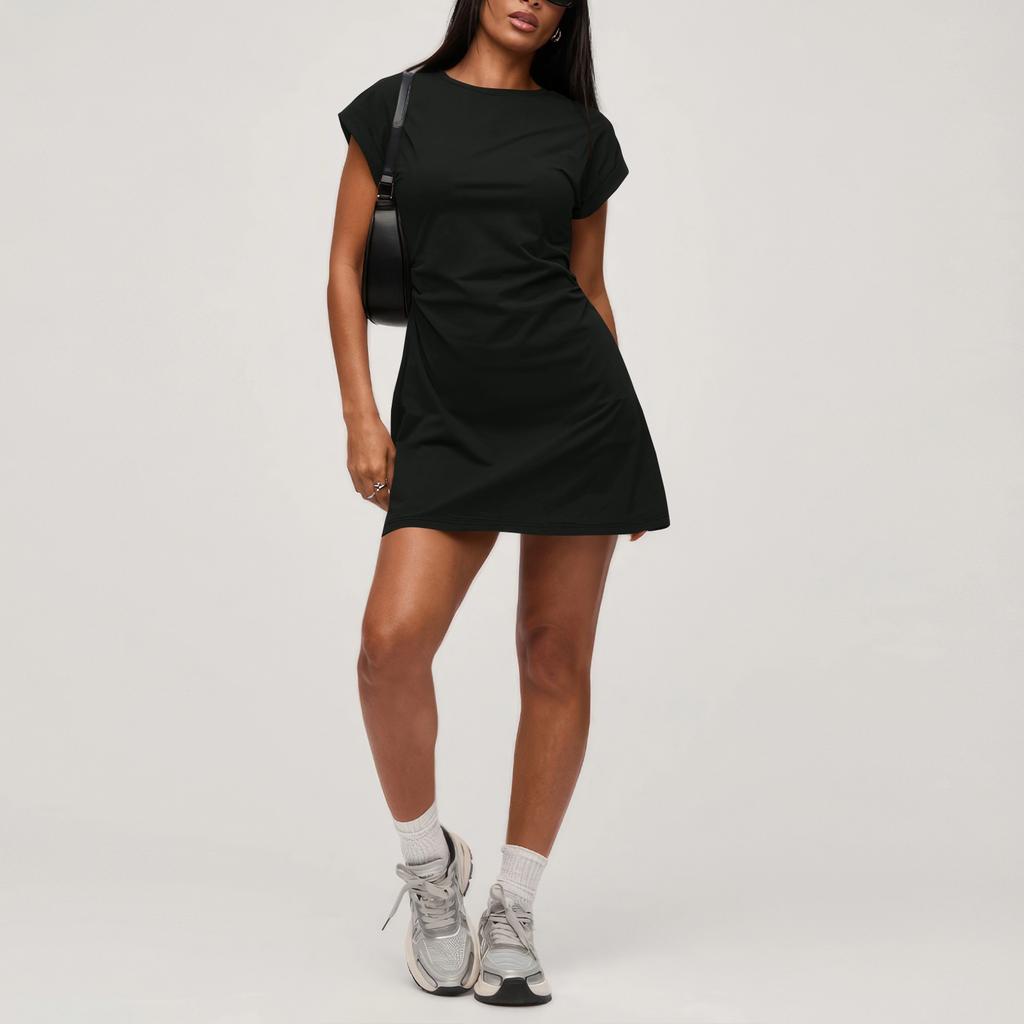 Women's High-waisted Color Short Sleeve Round Neck Pleated Dress