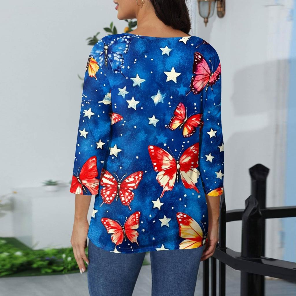Women's Fashion Casual Round Neck 3/4 Sleeve Loose Printed T-Shirt Ladies Top