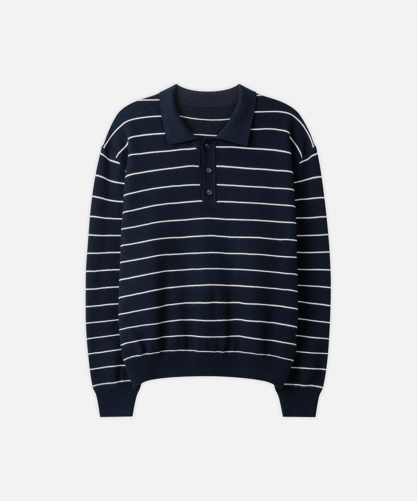DRAW FIT Wool Supple Stripe Collar Knit [Navy]