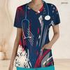 Women Plus Size Printed Nurse Scrub Top V Neck Short Sleeve With Front Pockets