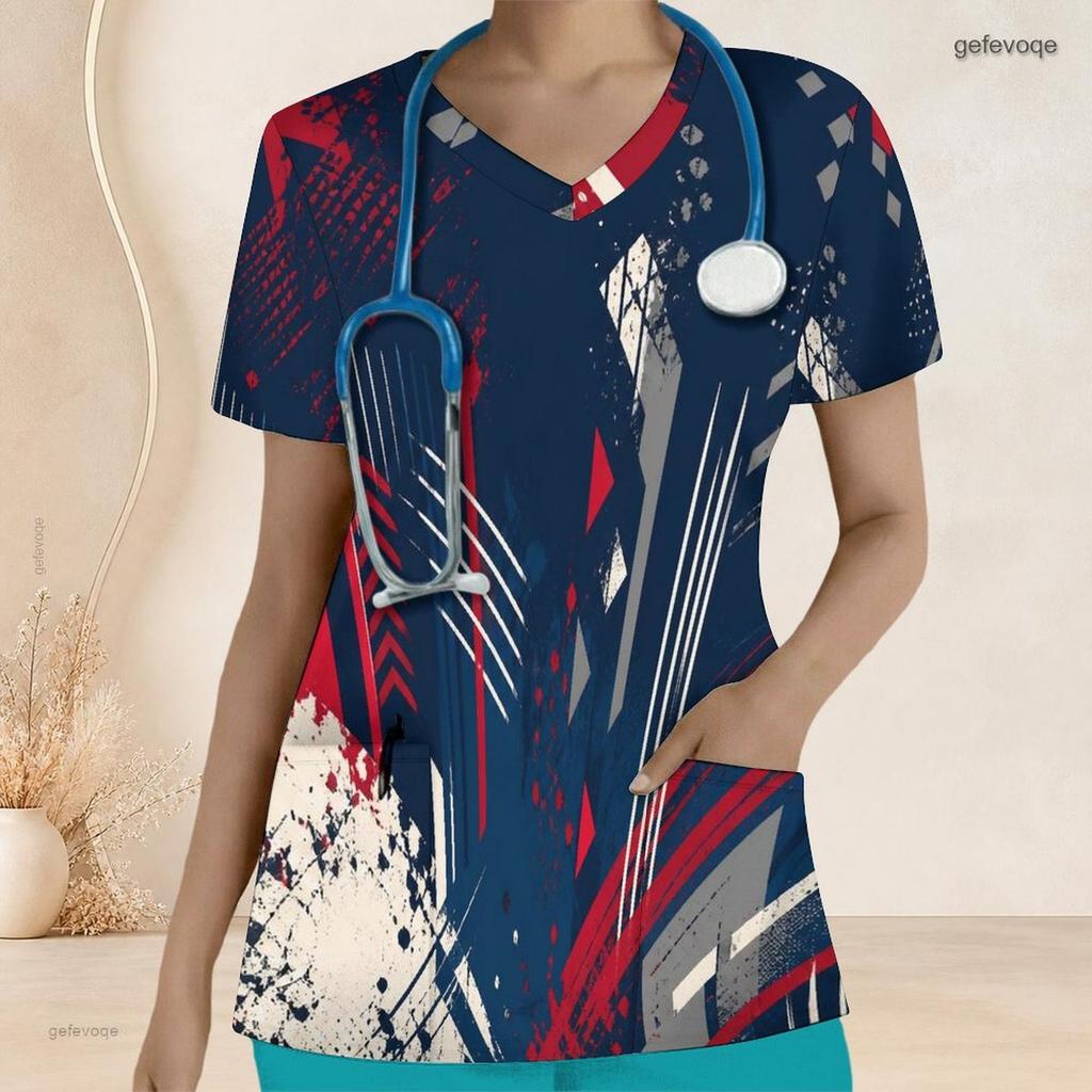 Women Plus Size Printed Nurse Scrub Top V Neck Short Sleeve With Front Pockets