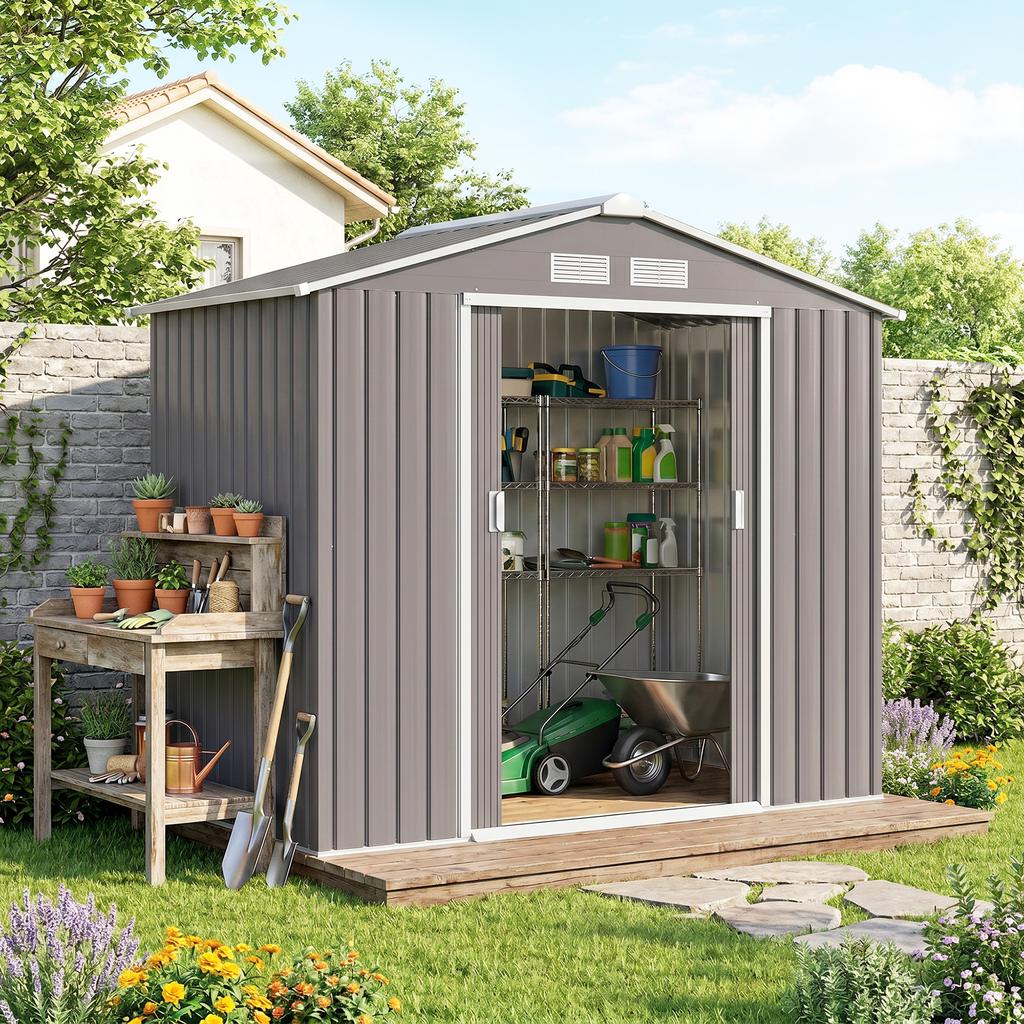 Garden Shed, Metal, 213 x 130 x 185 cm, Tool Storage, Grey