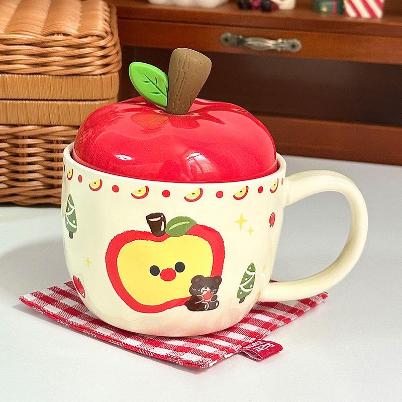 

Creative Apple Ceramic Cup with Lid Mug Birthday Gift Girl Drinking Water Cup Retro Cup Souvenir 301-400ml