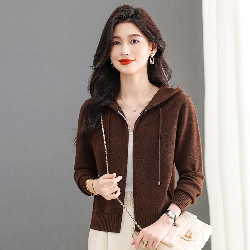 Damen-Strickjacke mit Kapuze und Reißverschluss für Frühling und Herbst