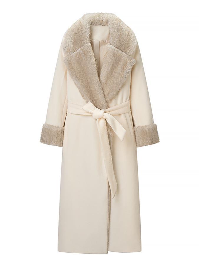 Women's Commuting Long Woolen Overcoat with Large Fur Collar and Belt