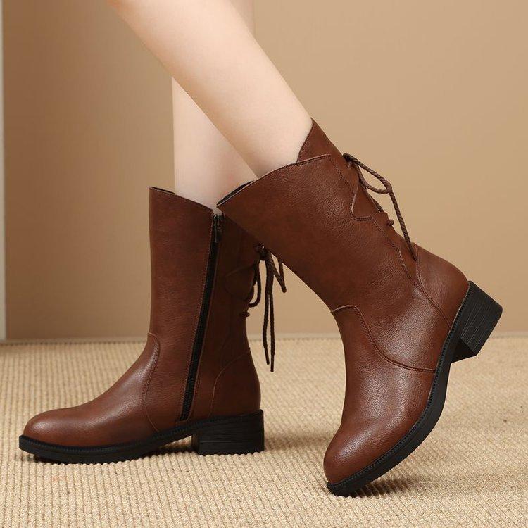 

Medium boots women s leather boots soft sole velvet British style winter new Martin boots medium heel non-slip thick heel mother boots 42