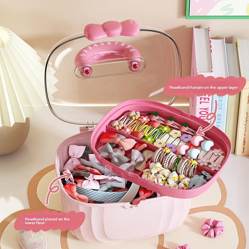 Portable Storage Box with Lid Grid Children's Hair Accessories Desktop Plastic Jewelry Transparent Double-layer Creative Cute Storage Box