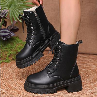 Fashion 2025Pu Leather Warm Motorcycle Boots Women Lace-Up Plush Winter Ankle Boots  Balck Beige Flat Heel Non-Slip Cotton Botas Mujer