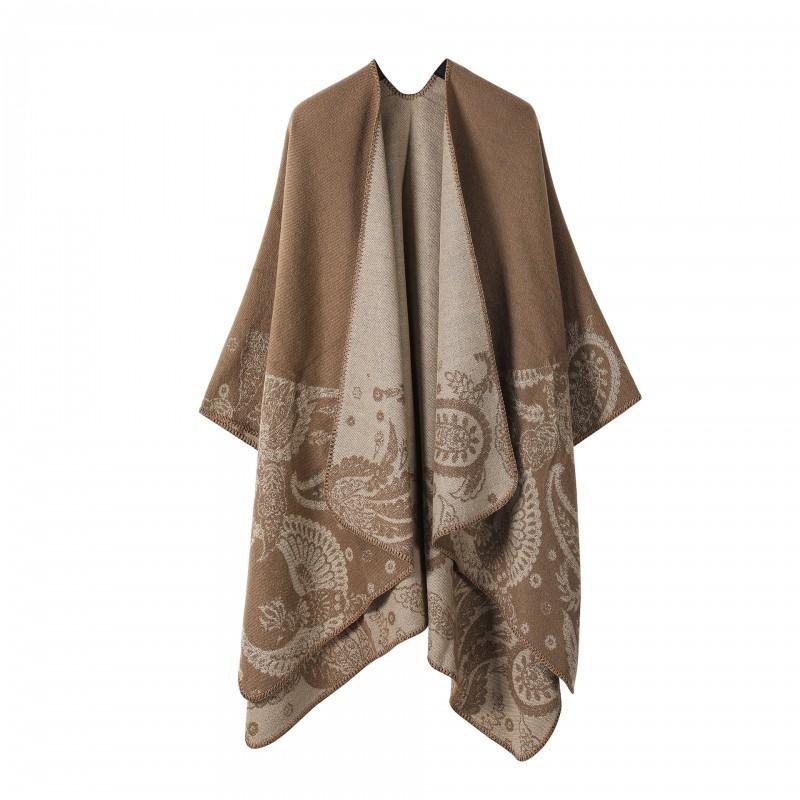 Womens Open-Slit Cape Shawl With Fringe Trim Double-Sided Knit Wrap In Vintage Style Travel Warmth