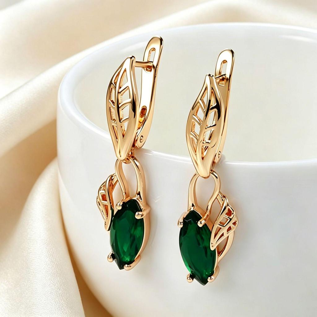 Yanbai Green Zircon Leaf Earrings - Luxury Retro Niche Long Style Jewelry