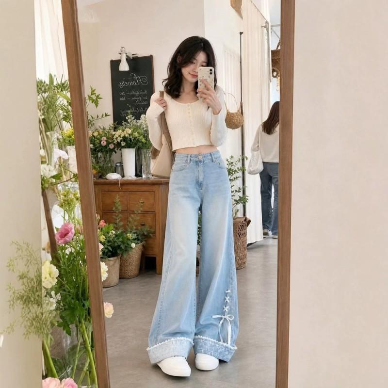 Womens High Waist Wide Leg Jeans Light Blue Fresh Sweet Style Casual Long Pants Teens