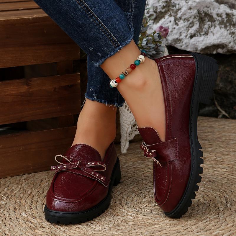 Fashion Loafer Women's Autumn New Round Toe Deep Mouth Rivet Bow Platform Non-Slip Wear-Resistant Medium Heel Single Shoes