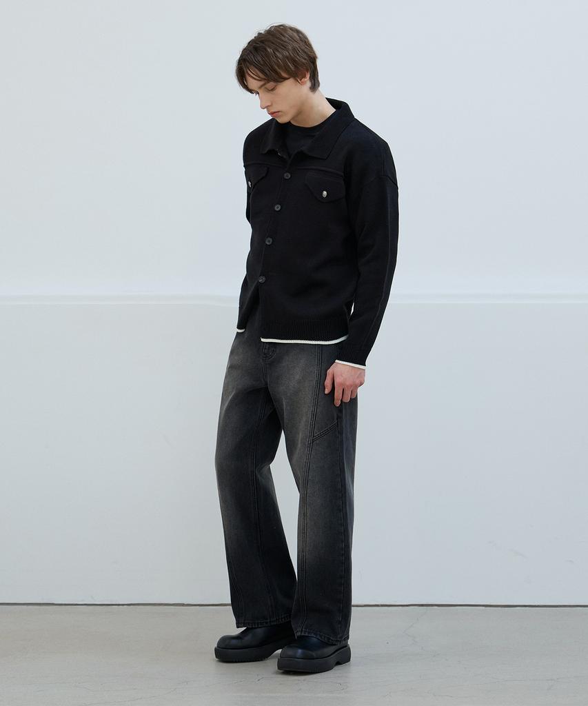 Nodu Collar Pocket Knit Jacket Cardigan [Black]