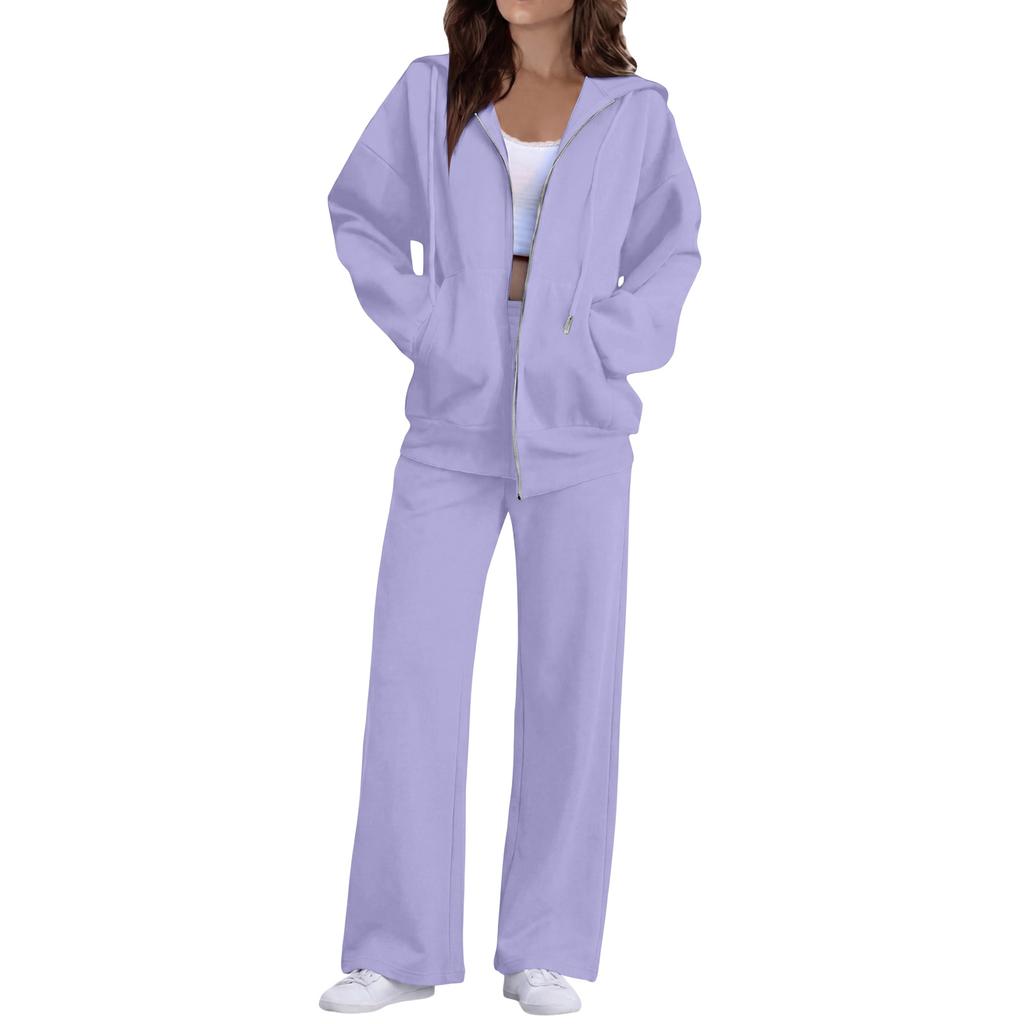 Women Casual Two Piece Set Zip Up Hoodie Sweatshirt with Long Sleeve Jacket and Wide Leg Pants Lounge Wear Tracksuit
