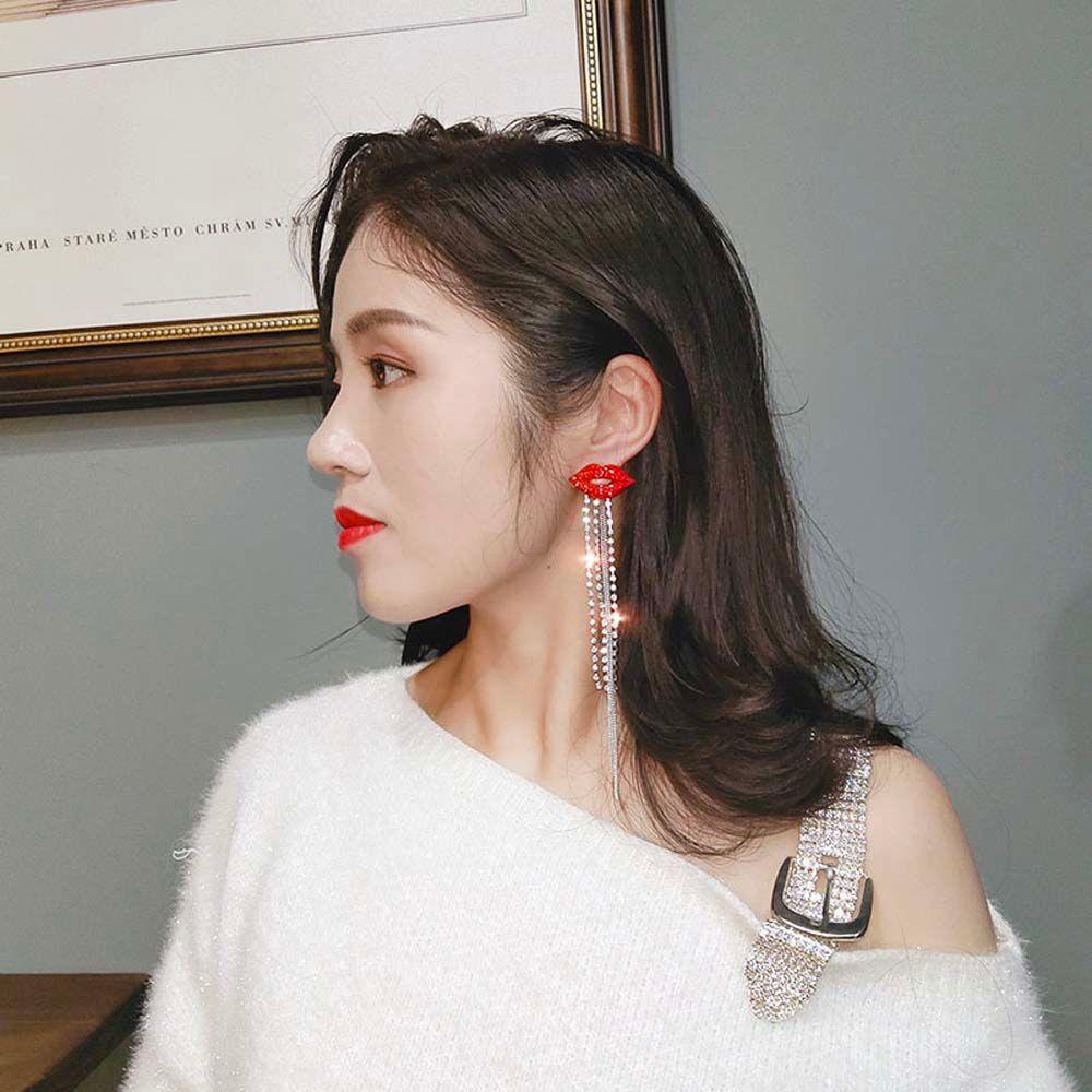 Mouth Crystal Gift For Women Red Lips Tassel Stud Earrings Drop Earrings Jewelry Dangle Earring